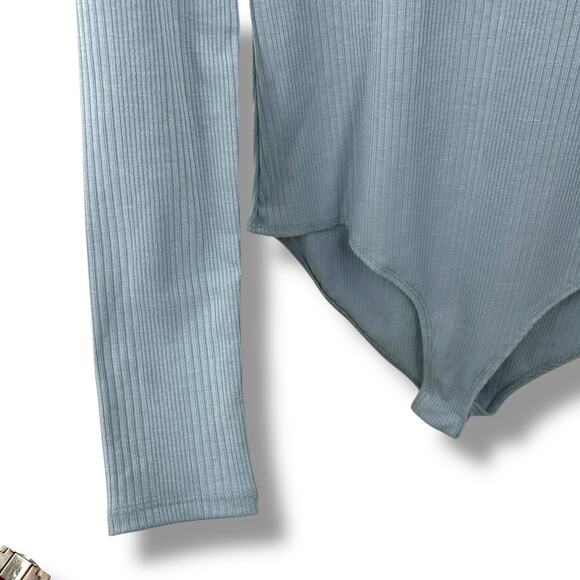 NEW Self Esteem Blue Bodysuit Size Medium Ribbed Knit Long Sleeve Lace Trim - Picture 4 of 6